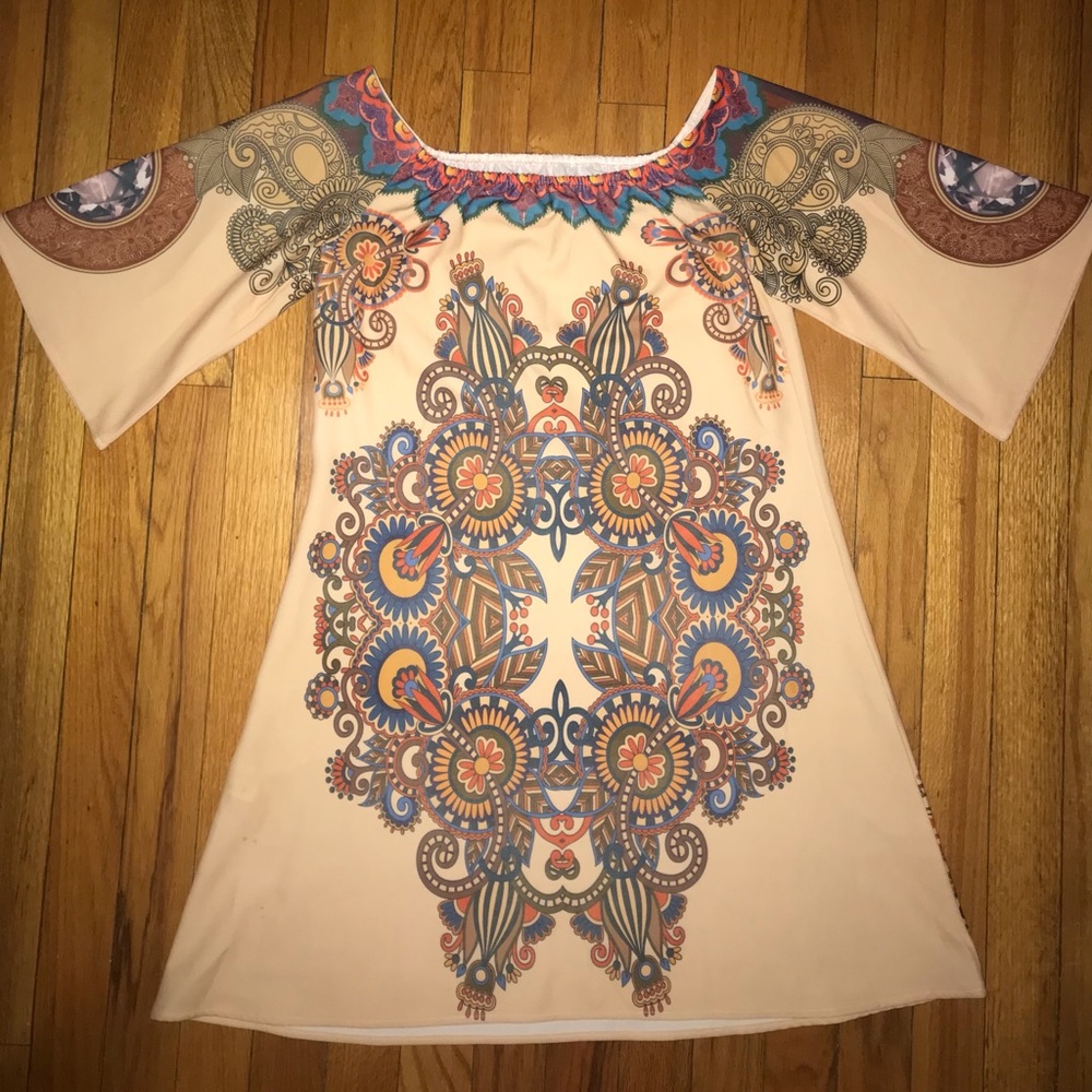 OffShoulder Mexico Fiesta Geometric Kaleidoscope Arabesque Acanthus Floral Dress
